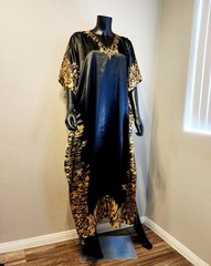 Midnight Velvet Black Caftan With Gold Floral Border And Neckline.