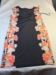 Apt. 9 Shift Dress Women L Black Orange Floral Pleat Neck Sleeveless Cottage NWT