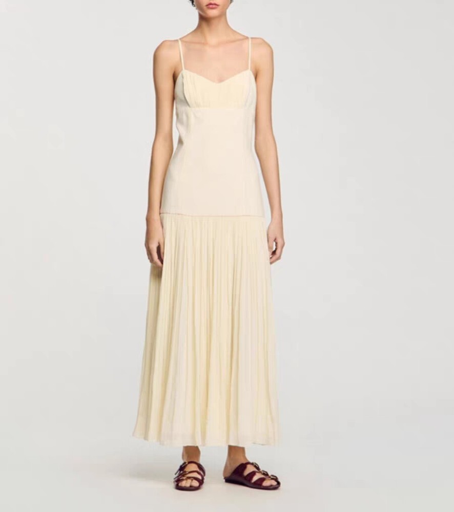 Women Sandro V-neck Contrasting Pleated Fit & Flare Slip Midi Dress