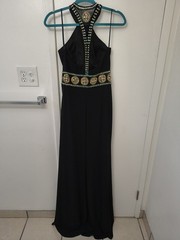 Dave & Johnny Black Beaded Halter Prom Evening Gown Train Built-In Cups Size S
