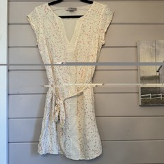 Love 21 Women’s Cream Colored Mini Sun Dress V-Neck, Tie Waist Size Small