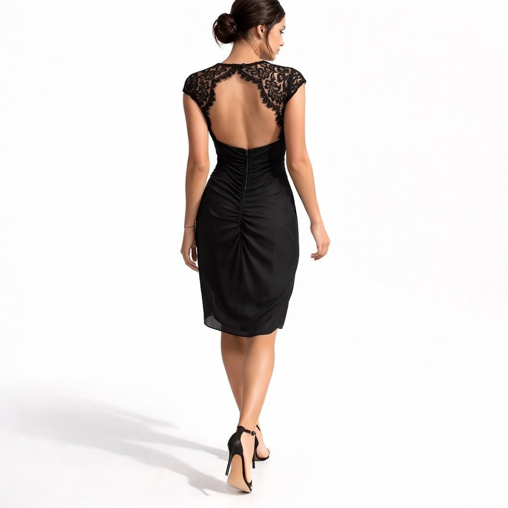 Xscape Black Lace Open Back Ruched Cocktail Dress 14 Wedding Guest NWT