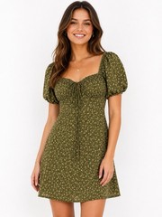 Simple Retro Olive Green Floral Puff Sleeve Mini Dress Cottagecore Size M