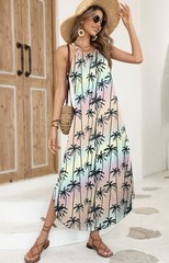 For G and PL Maxi Dress Pastel Tie-Dye Palm Trees Long Halter Beach Luau Size L