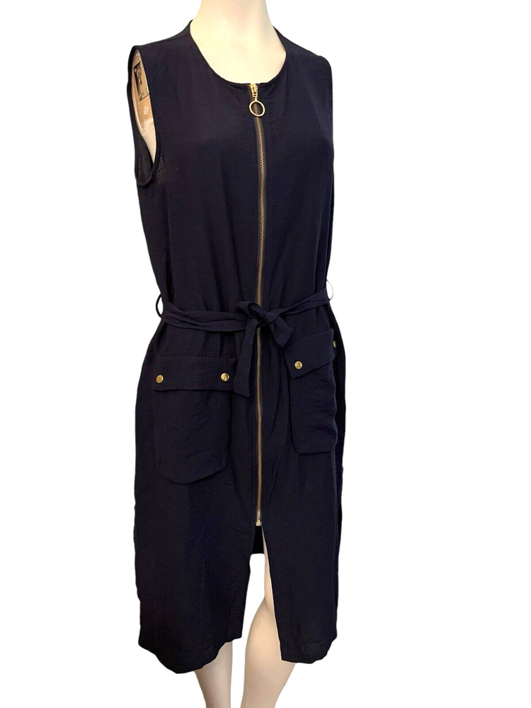 Zara Basic Medium Tie Waist Expozed Zipper Dress Navy Blue Sleeveless Side Slits