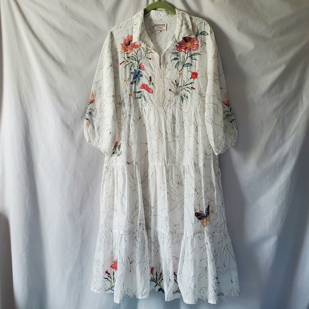 Johnny Was Workshop Embroidered Tiered Dress Size Medium Ruffles Boho Butterfly