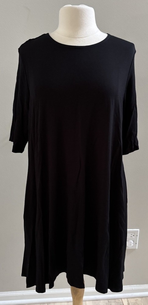 Eileen Fisher NWT Viscose Jersey Knit Midi High Low Elbow Sleeve Dress Black XL