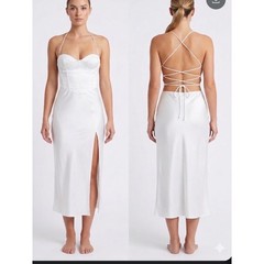 Zara White Satin Corset Maxi Dress Lace Up Back High Slit XS Bridal Old Money