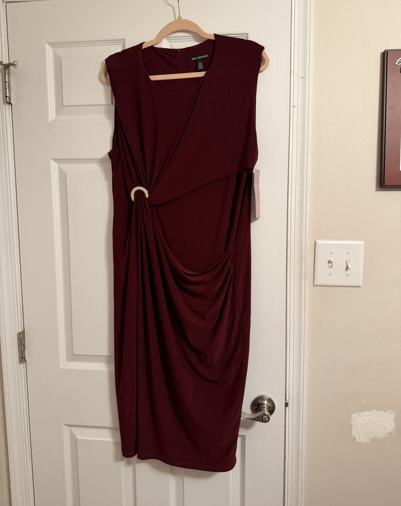 Nina Leonard Burgundy Solid A-Line Bodycon Midi Dress Round Neck Sleeveless XL
