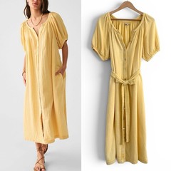 Faherty Women&rsquo;s Size Medium Yellow Dream Organic Cotton Gauze Carmel Tie Dress