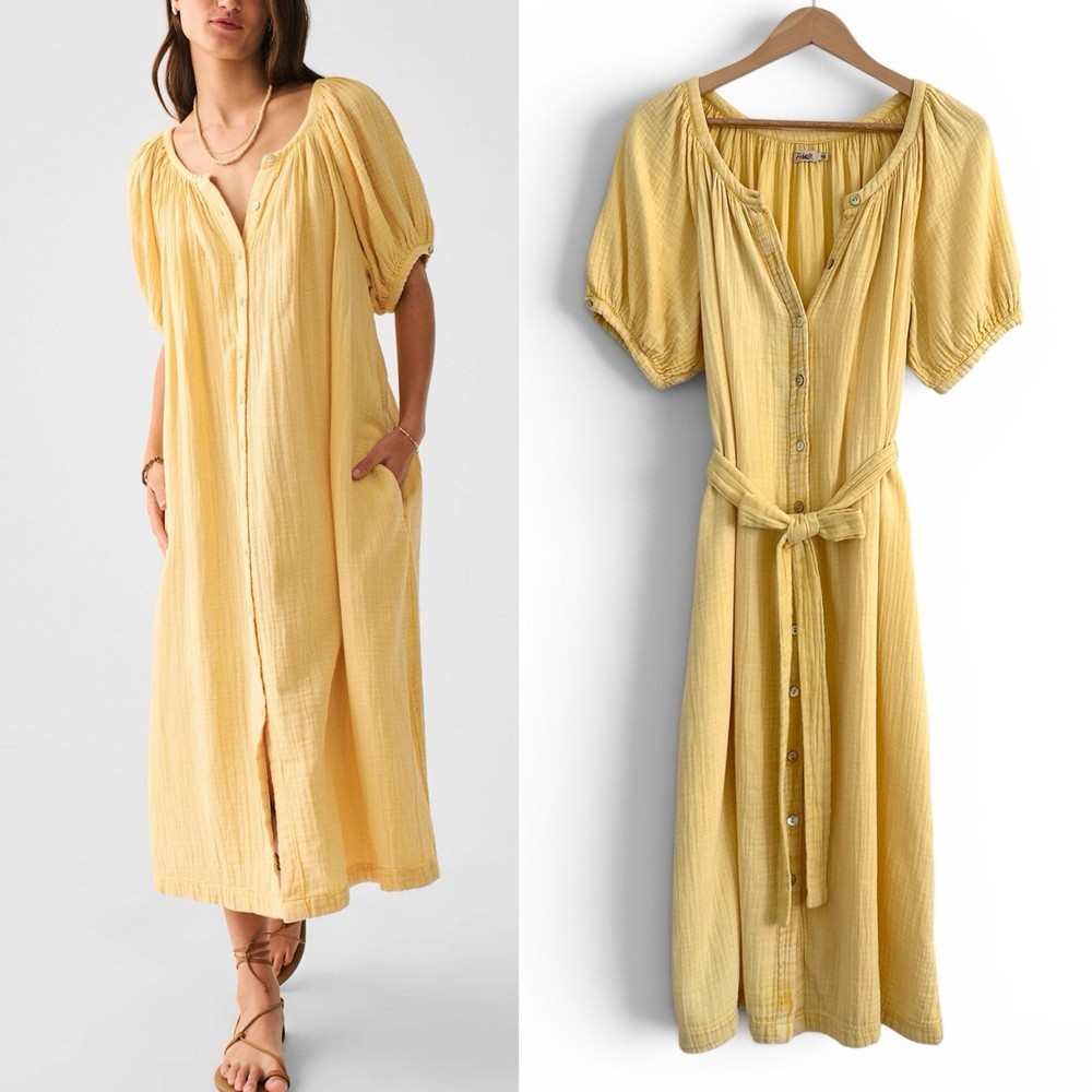 Faherty Women&rsquo;s Size Medium Yellow Dream Organic Cotton Gauze Carmel Tie Dress