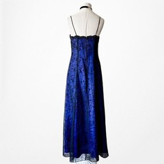Vintage Y2K 90s Black Blue Velvet Mesh Glitter Fit Flared Maxi Prom Dress Size M