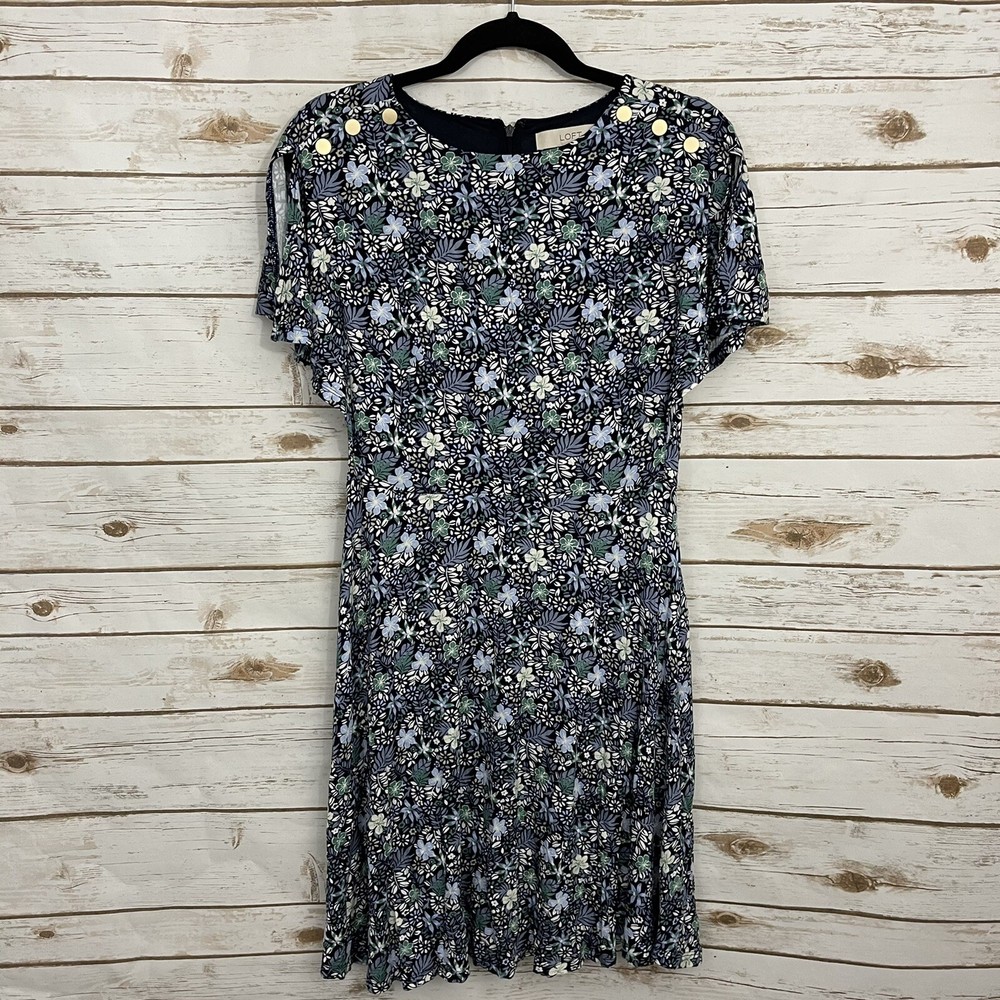 Loft Blue Floral Button Shoulder Split Flutter Sleeve Fit And Flare Dress Size 2