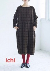 ICHI Antiquités Corduroy Long Dress Brown Dot Pattern Tuck Design Good Condition