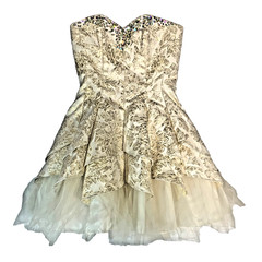 DEB size 3/4 Strapless Gold Brocade Mini Dress w/ Rhinestones & Tulle Skirt NWOT