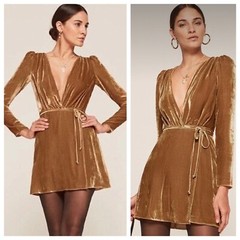 REFORMATION Gold Velvet Ruched Shoulder Plunge V-Neck True Wrap Tie Mini Dress S
