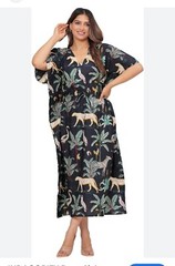 Just Darving Jungly Kaftan Dress Navy Exotic Animal Print & Palm Leaves – One Si