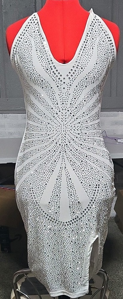 White Silver Rhinestone Bodycon Midi Dress M V-Neck Strappy Zip Stretch