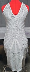 White Silver Rhinestone Bodycon Midi Dress M V-Neck Strappy Zip Stretch