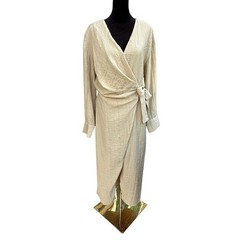Zara Wrap Dress Fall Long Sleeve Textured Neutral Tan Midi Ankle Minimalist Med