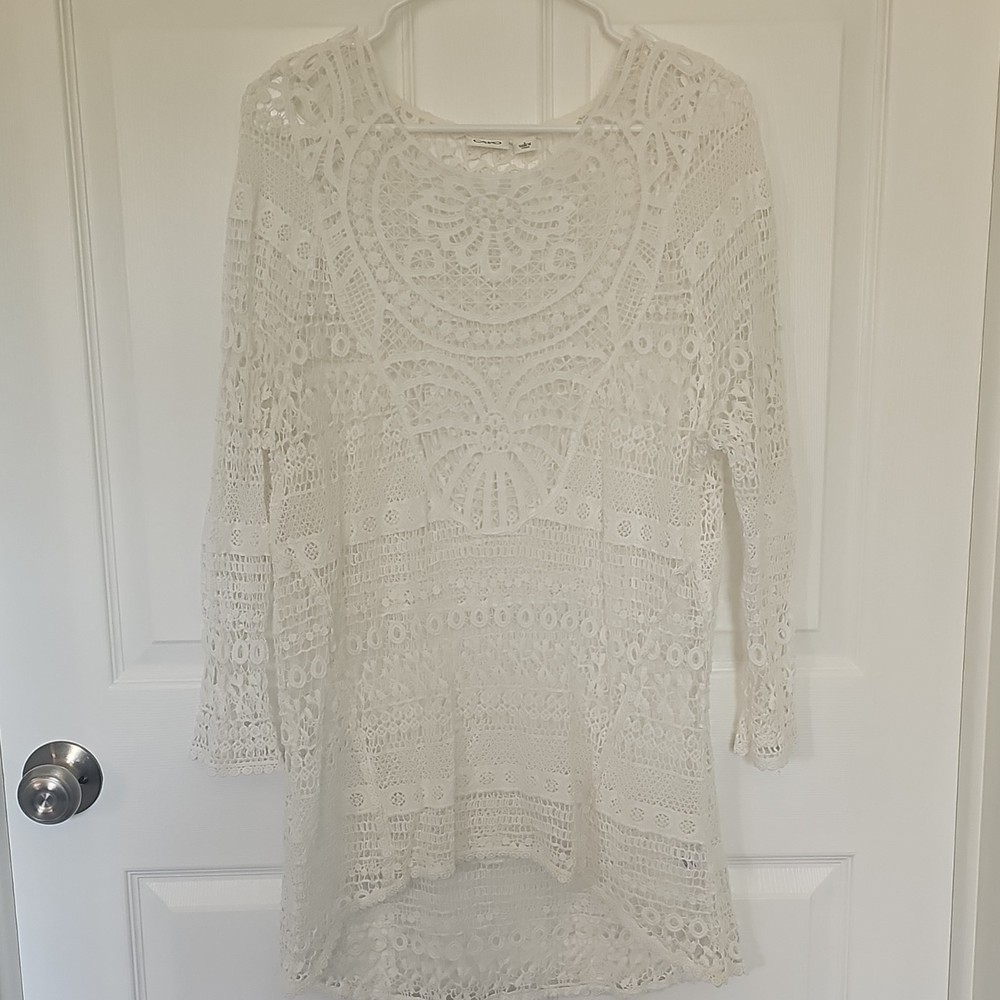 CATO Women’s White Solid Lace Layered Round Neck 3/4 Sleeve Short Dress Size L