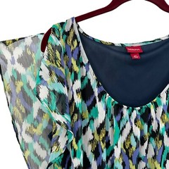 Mossimo Shift Dress XL Chiffon Split Sleeve Short Blue Green Multi Ikat Print