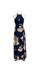 NEW Azbro Halter Tie Back Floral Maxi Dress Navy Pink Size S