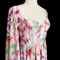 Pink Floral Sweetheart Puff Sleeve Maxi Dress Sz 6 M Boho Cottagecore Coquette