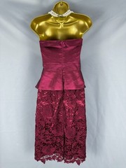 Alexon burgundy padded bust strapless lace detail occasion knee length dress 16