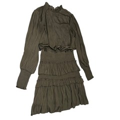 She + Sky Olive Green Smocked Tiered Ruffle Mini Dress Long Sleeve Satin Small