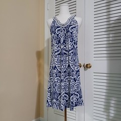 Apt 9 Small Halter Style Beaded Rounded-v-Neck Royal Blue White paisley A-line