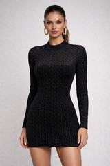 BALMAIN PARIS PB Monogram Knit Mini Dress Black Metallic Mock Neck FR 36 Small