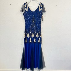 Retro Stage Beaded Gown Womens Large Blue Black Fit Flare Sequined Formal Prom