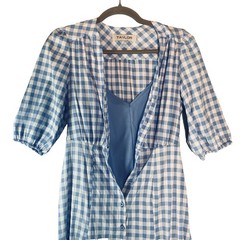 Taylor size 4 Small Blue Gingham Button Front Dress with Bow Silky NWOT