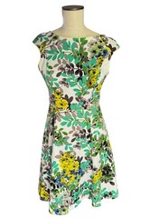 LONDON STYLE Collection Green Mod Floral A-Line Cap Sleeve Dress Sz 8