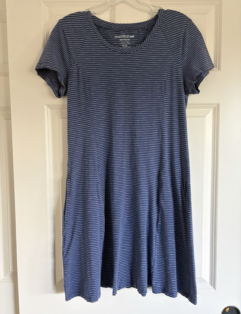 Toad&Co Women&rsquo;s Blue/White Striped Raglan Sleeve T-Shirt Dress Pockets M