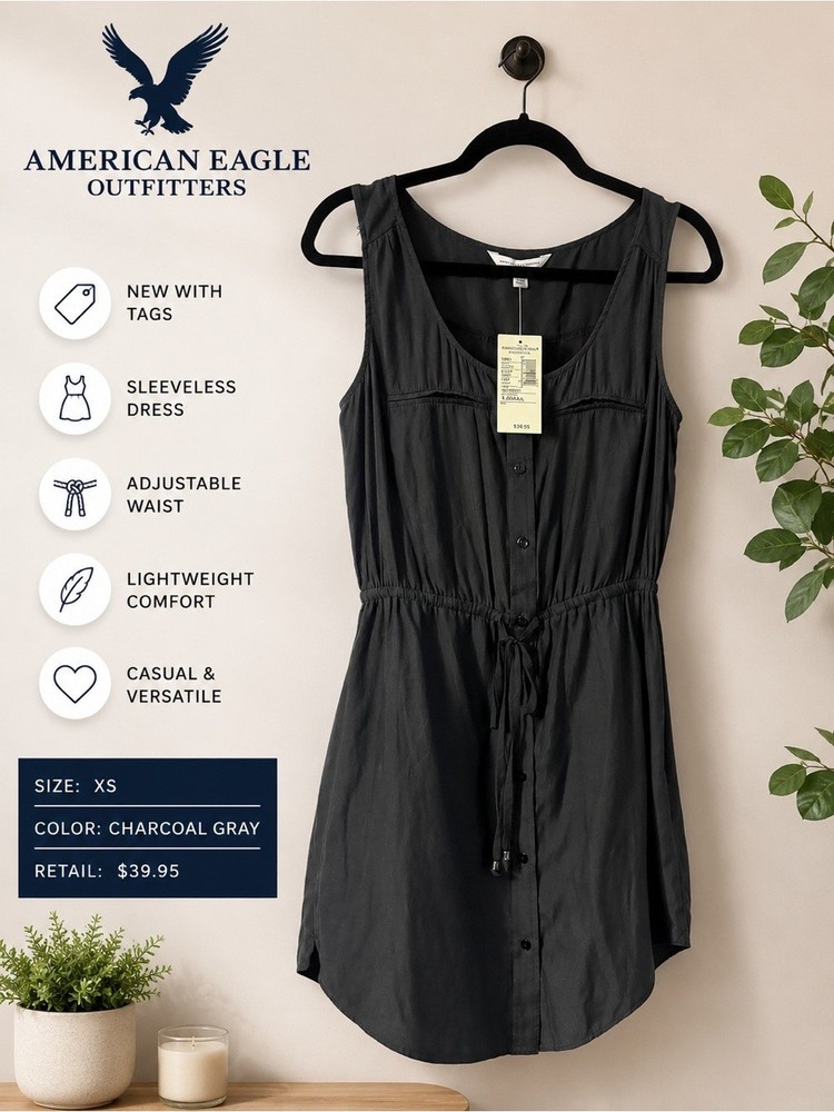 NWT American Eagle Charcoal Gray Sleeveless Button Front Shirt Dress XS