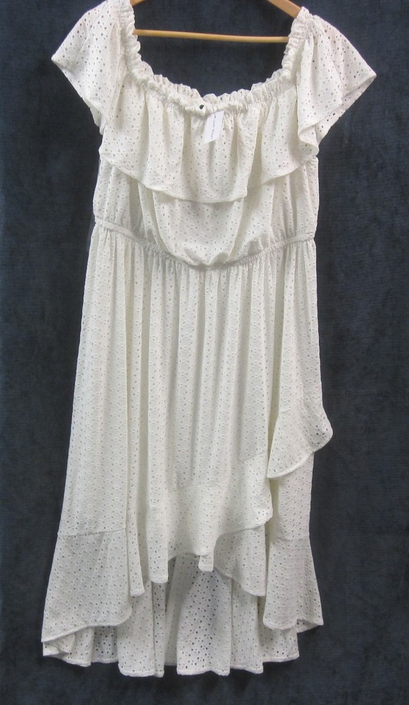Lane Bryant 14-16 Dress Tiered White Eyelet High Low Hem Elastic Neckline