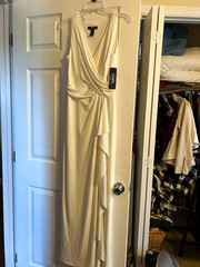 Chaps Evening Womens White Formal Maxi Dress V-Neck Sleeveless Ruffle, 6