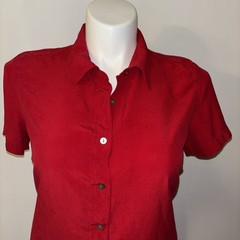 NY & Co 100% Silk Red Button Front Shirt Dress Size 14 Short Sleeve