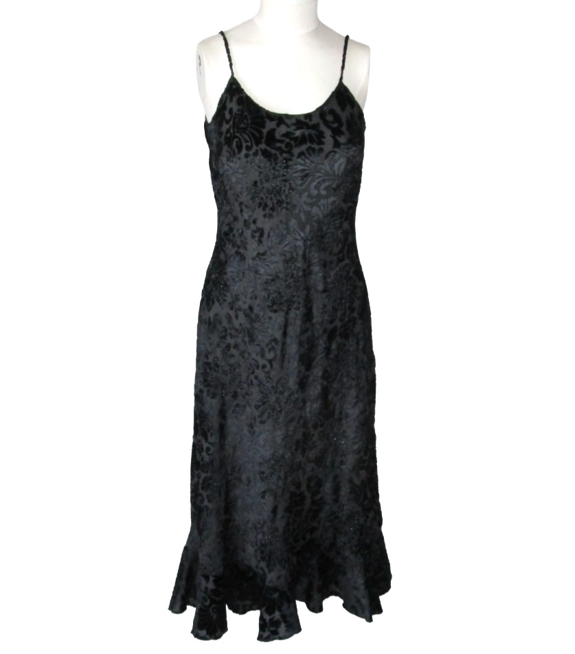 Vintage 90s Y2K Black Velvet Beaded Ruffle Midi Dress Gothic Fairycore Sz 10