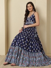 Indian Women Blue Cotton Floral Printed Anarkali Flared Kurta Kurti Long Dress