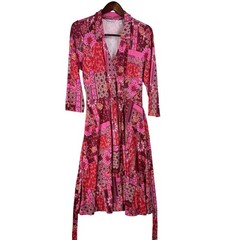 Isaac Mizrahi Live Pink Patchwork Floral Wrap Midi Dress A385438 Womens Medium