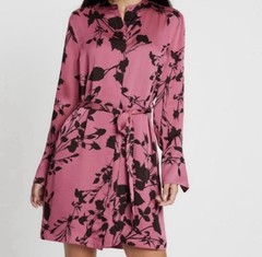 Equipment Roseabelle Pink Floral Button-Down Charmeuse Large Belted Work Dress