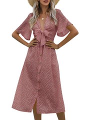Tie Front Button Bow Tie Detail Dress