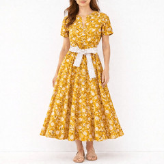Mustard Yellow Floral Midi Dress Boho Cottagecore A-Line Elastic Waist Tie Belt