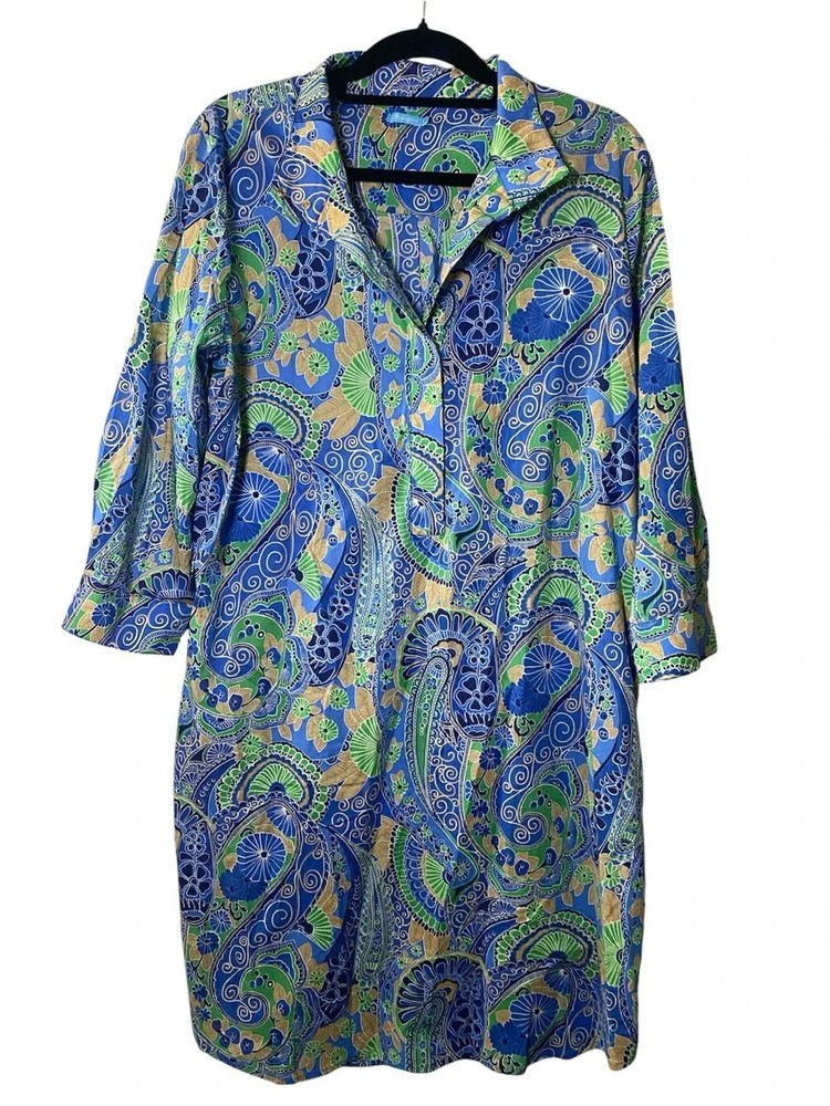 J McLaughlin Paisley Shift Dress Large Green Blue 100% Cotton Collared Midi