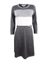 Calvin Klein Women&rsquo;s Belted Metallic Colorblocked Sweater Dress 191797882044