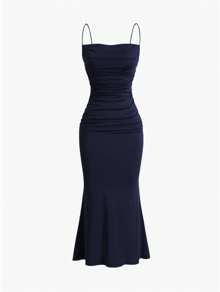 Navy Blue MOD Solid Ruched Mermaid Hem Cami Dress Sz XS S M L