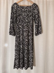 J. Jill Black/White Floral A-Line Knit Midi Dress Stretch Scoop Neck, Size S
